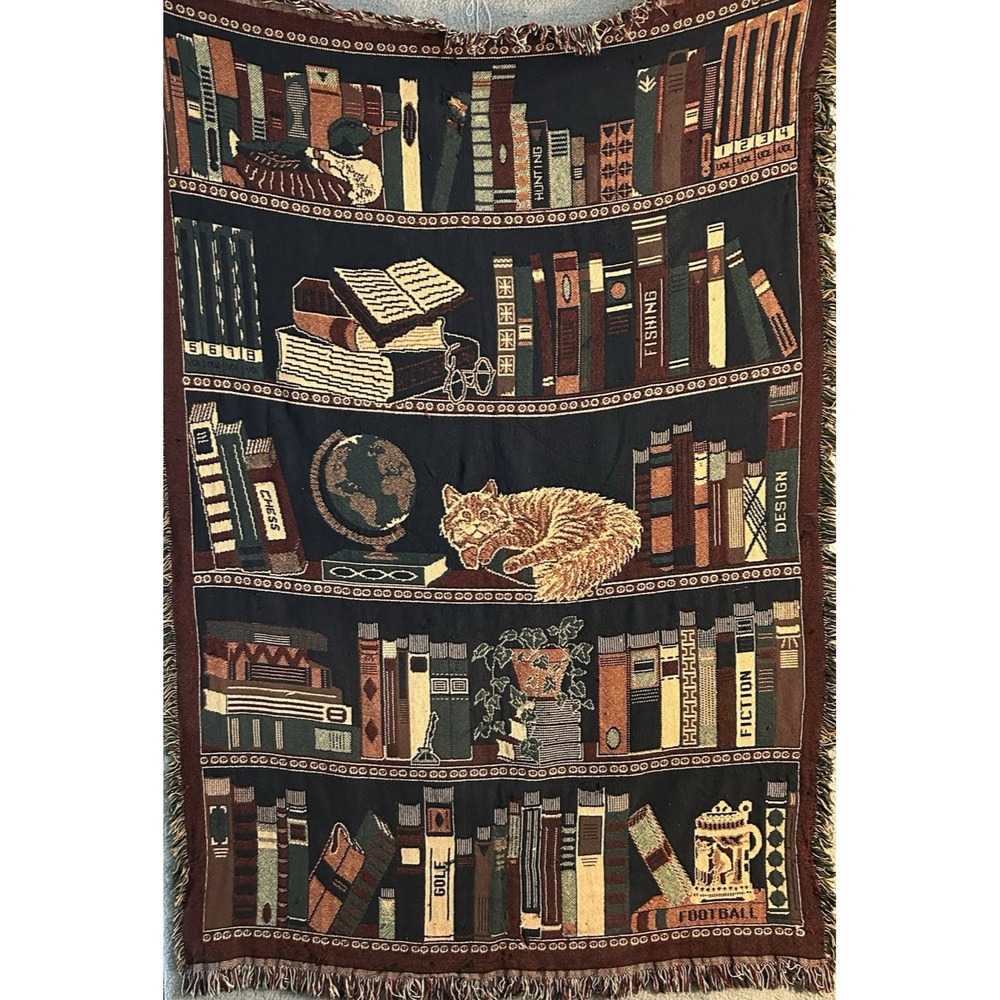 Vntg Goodwin Weavers Cotton Tapestry Fringe Throw Blanket Cat On Bookshelf 48X72